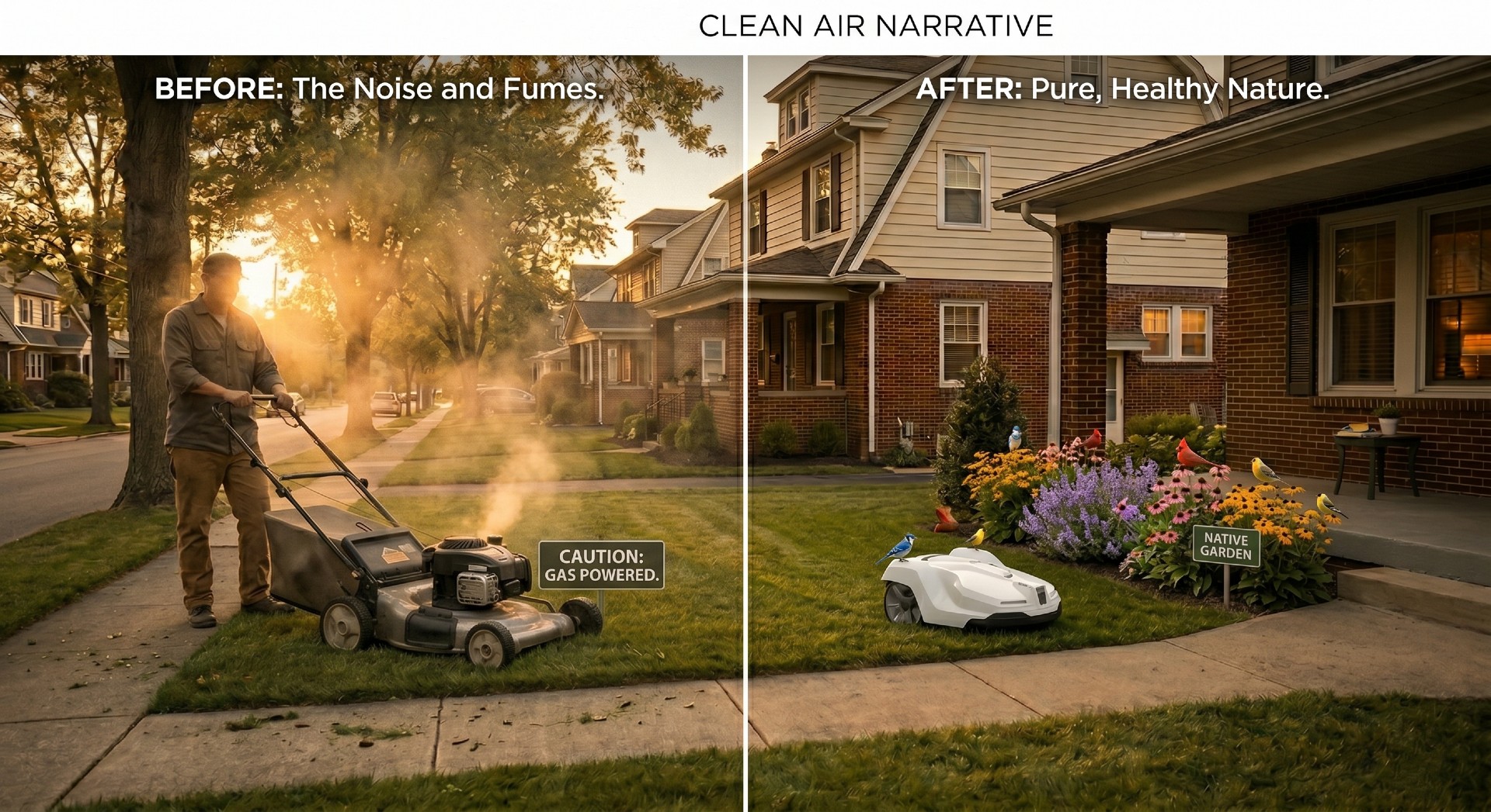Person mowing with a quiet electric mower on a sunny morning